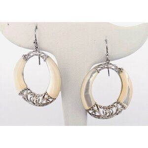 Estate White Mother of Pearl Filigree Sterling Silver 925 Dangle Earrings 14.4g